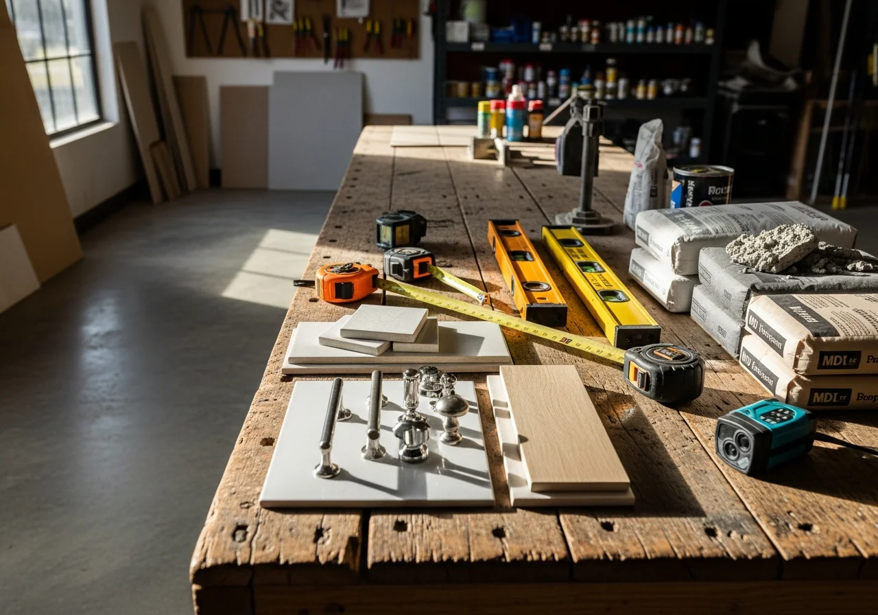 Contractor tools and remodeling materials arranged on a work surface, representing skilled trade craftsmanship.
