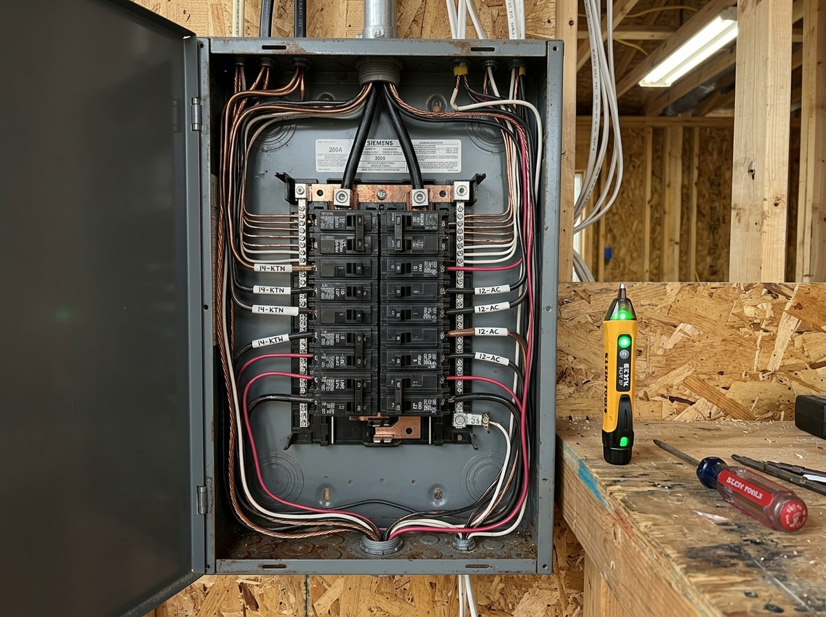 General contractor and licensed electrician reviewing an open electrical panel on a Pelham, AL remodel site
