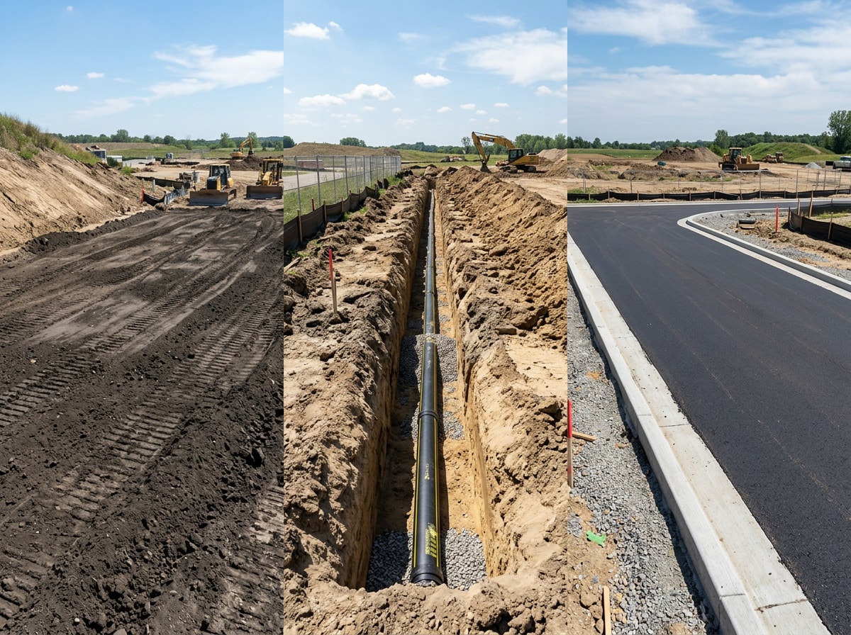 Infographic-style photo showing graded soil, a drainage pipe trench, and a paved driveway section side by side