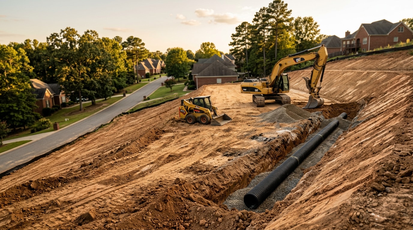 Graded residential construction site with drainage trench and grading equipment in a sloped Alabama neighborhood