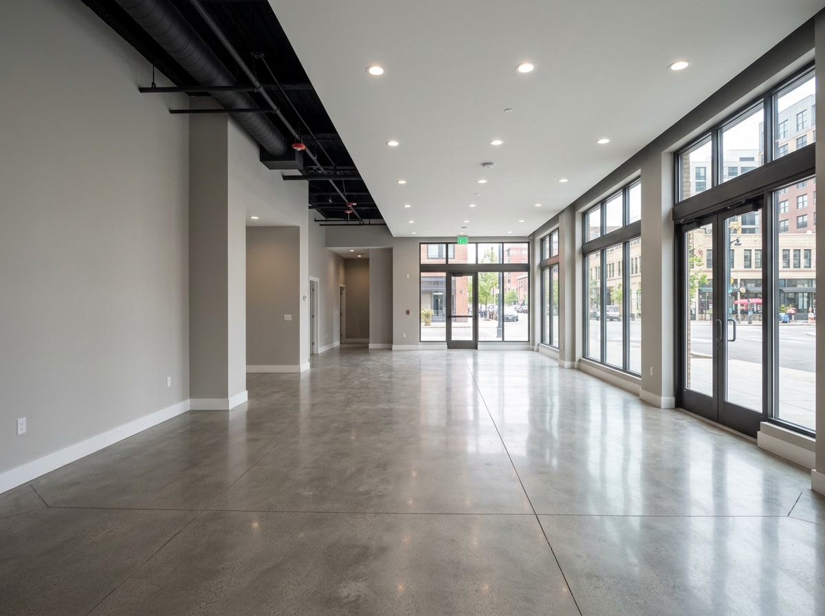 Finished commercial tenant buildout interior with new drywall, flooring, and paint