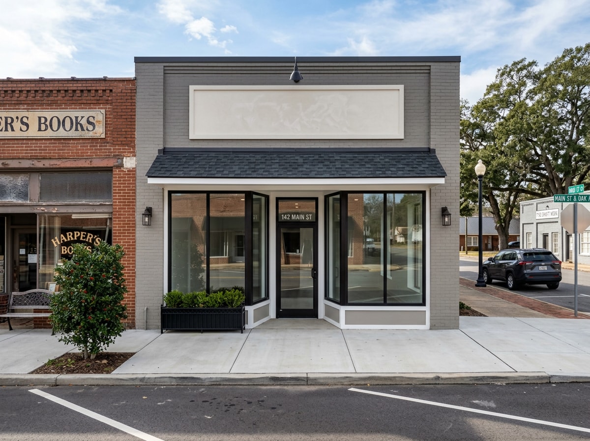 Completed small commercial storefront renovation with new exterior paint and signage area in Helena, AL
