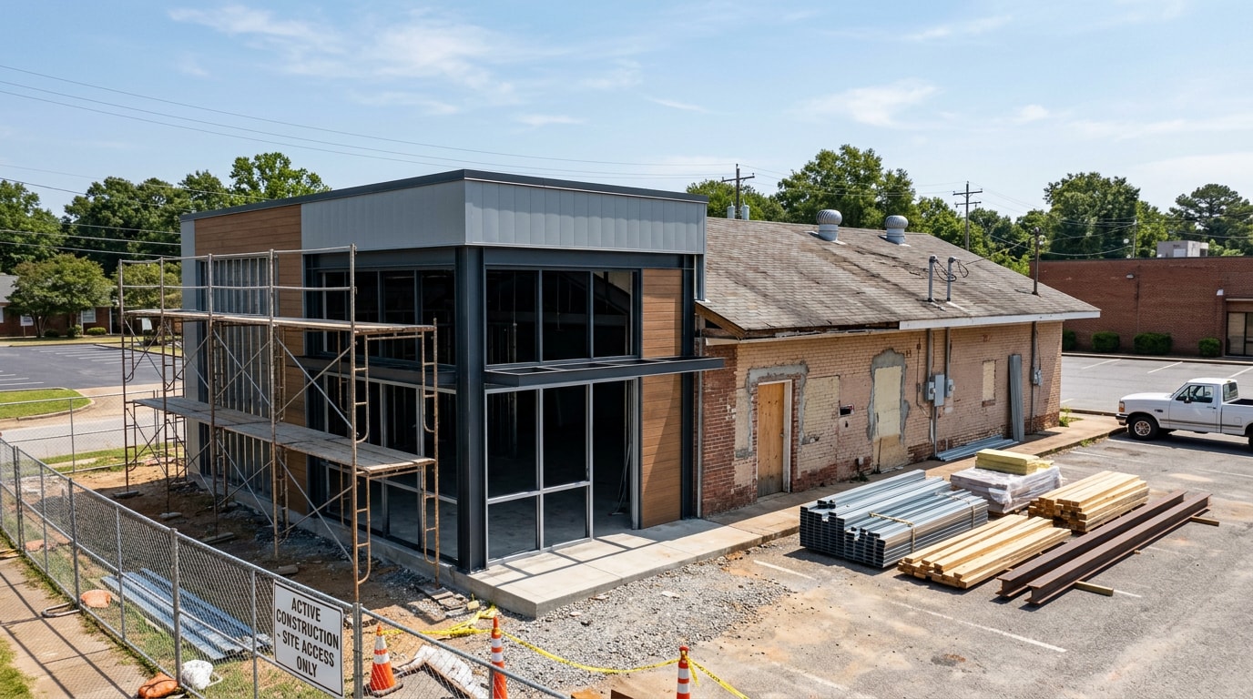 Commercial building construction site in Helena, AL with steel framing and staged materials