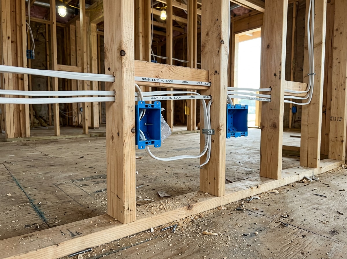 Electrician completing rough-in wiring in an open stud wall before drywall installation
