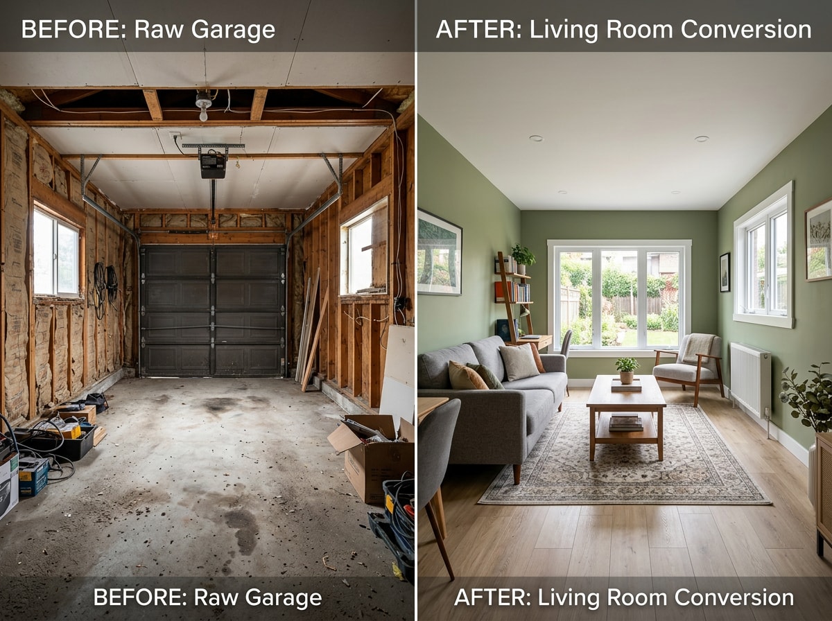 Before and after photo of a garage converted into a finished living space with new flooring and insulation