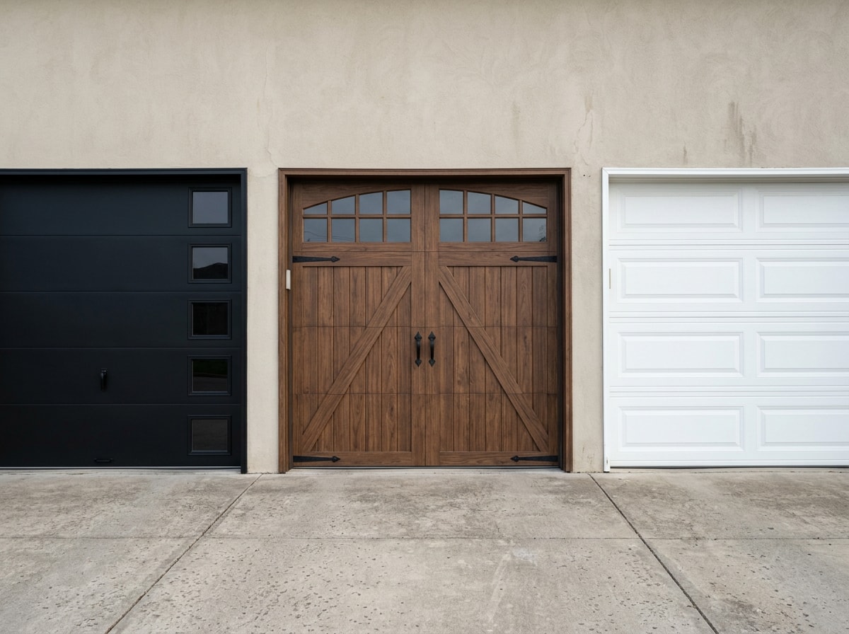 Row of garage door style and material options including steel, wood-look composite, and aluminum panels