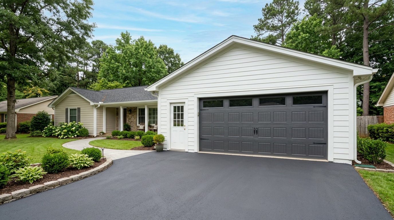 Remodeled garage exterior with new insulated steel garage door on a Trussville, AL home