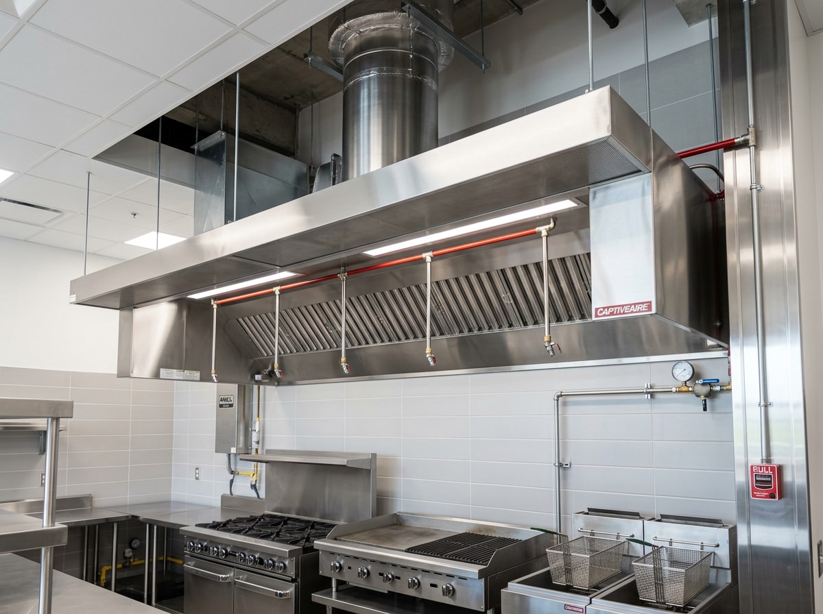 Commercial kitchen hood system with fire suppression nozzles above a cook line