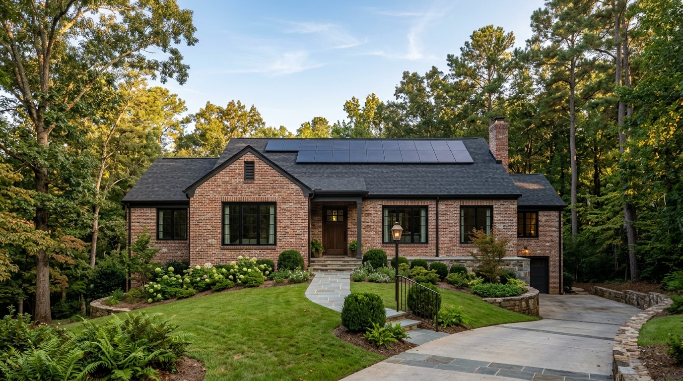 Renovated energy-efficient home with solar panels on a sloped lot in Vestavia Hills, Alabama