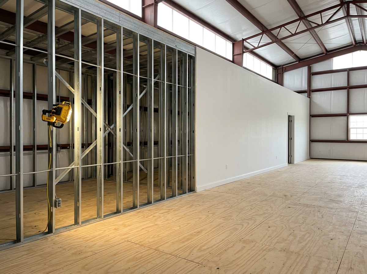 Interior of a metal building framed and drywalled for office or workshop use