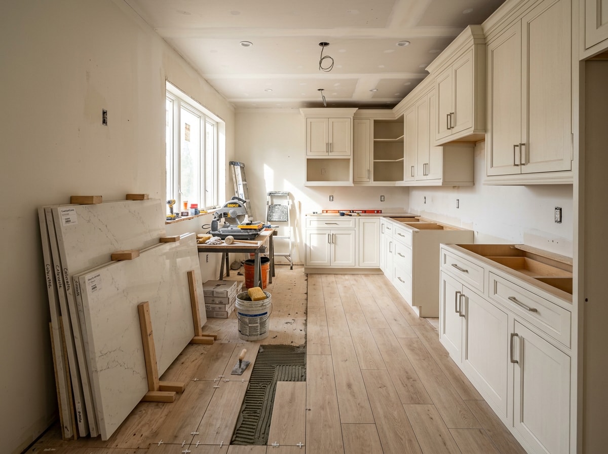 In-progress kitchen remodeling project with new cabinetry and flooring