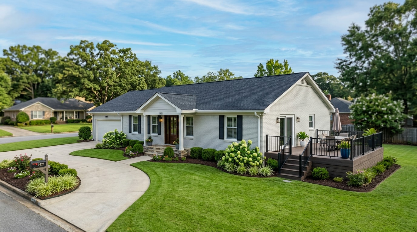 Remodeled brick ranch home exterior with a new composite deck in a Gardendale, AL neighborhood