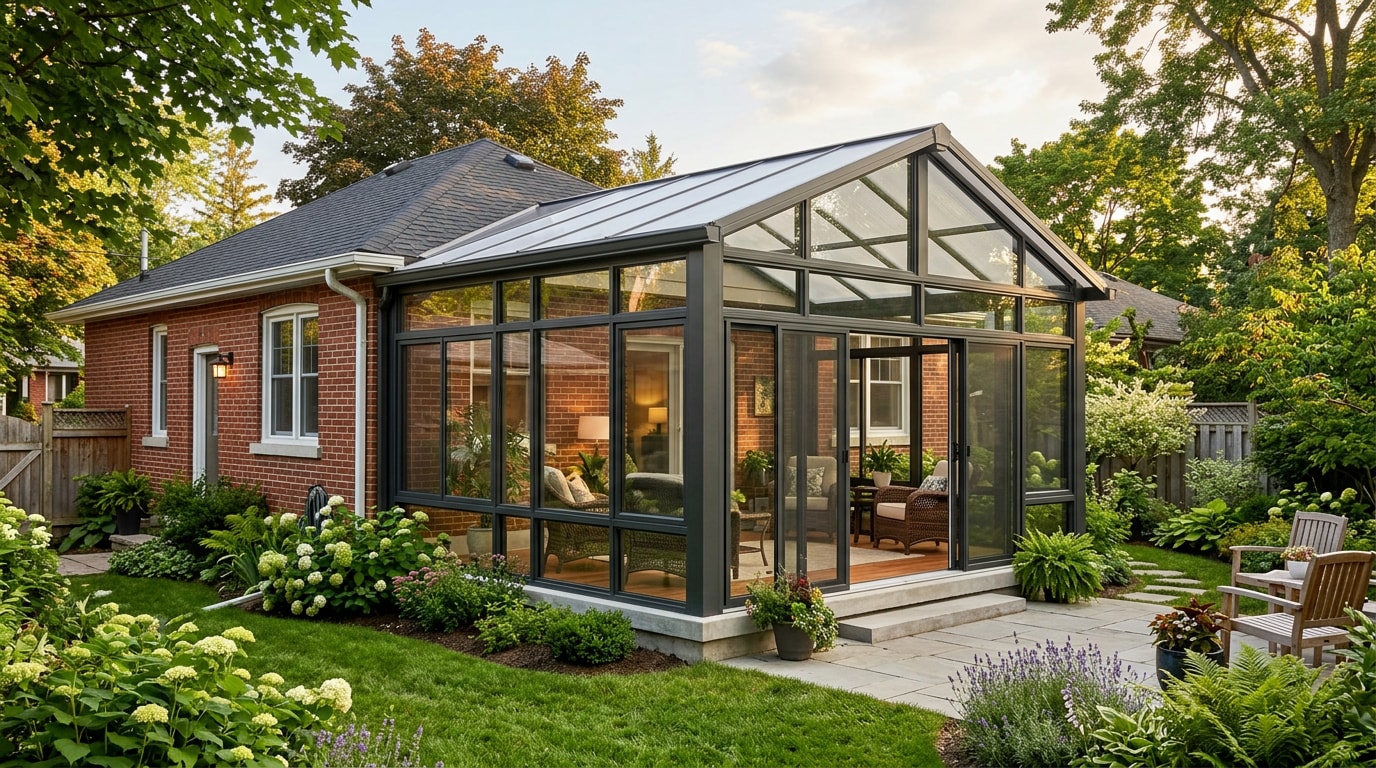Finished sunroom addition with aluminum framing and glass walls attached to a brick home Finished sunroom addition with aluminum framing and glass walls attached to a brick home