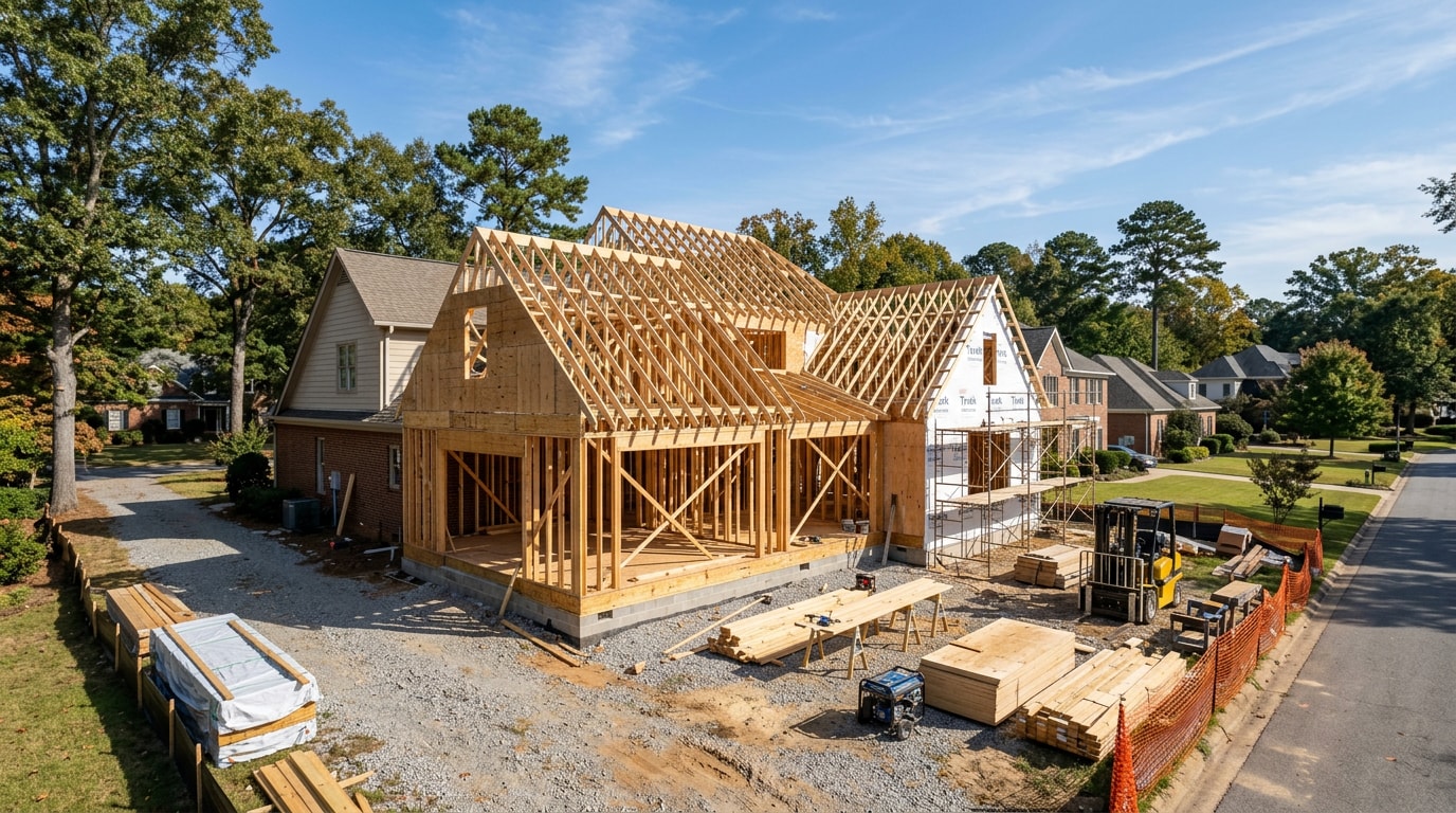 Residential home addition under construction in a Hueytown, AL style neighborhood
