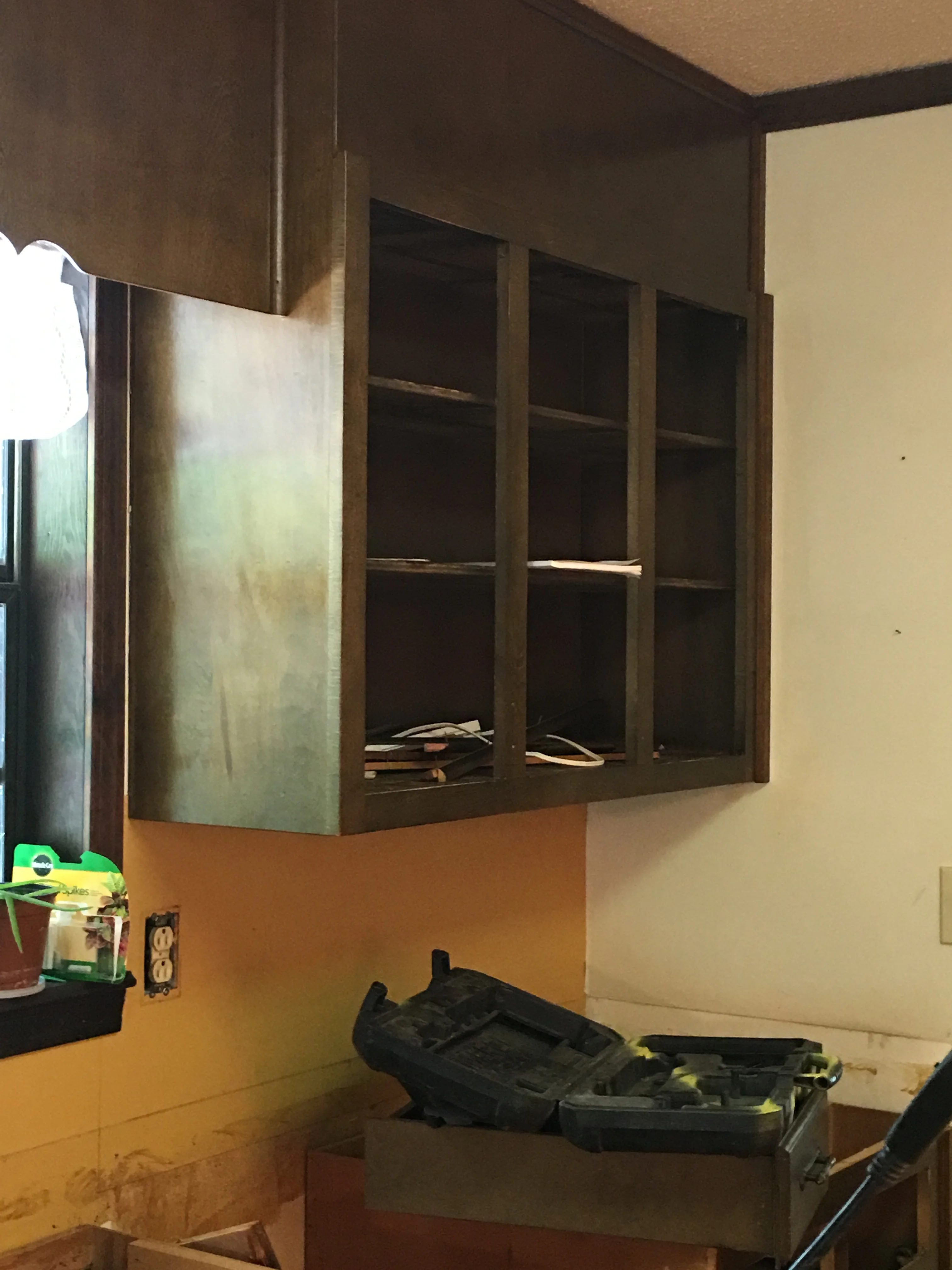 Dark wood kitchen cabinets with glass doors installed above orange and cream painted walls