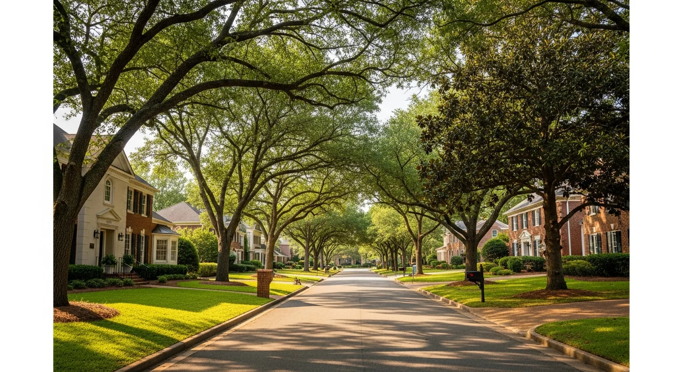 Tree-lined residential street in Mountainbrook with established brick homes and manicured landscaping on both sides.