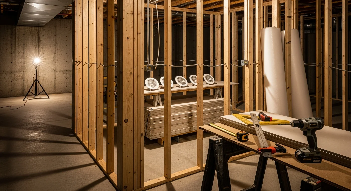 A finished basement in a Mountainbrook home featuring framed walls, recessed lighting, and wood-look flooring. The space is set up as a family room with a clean ceiling treatment and painted drywall throughout.