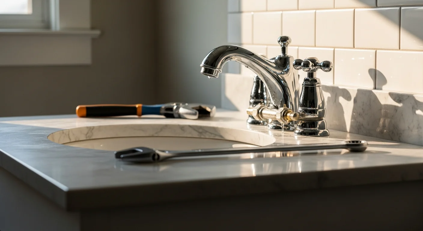 A newly installed bathroom sink and faucet set in a Mountainbrook home, showing clean supply line connections and a finished vanity countertop. The surrounding wall and cabinet show no water damage, reflecting a properly completed fixture installation.