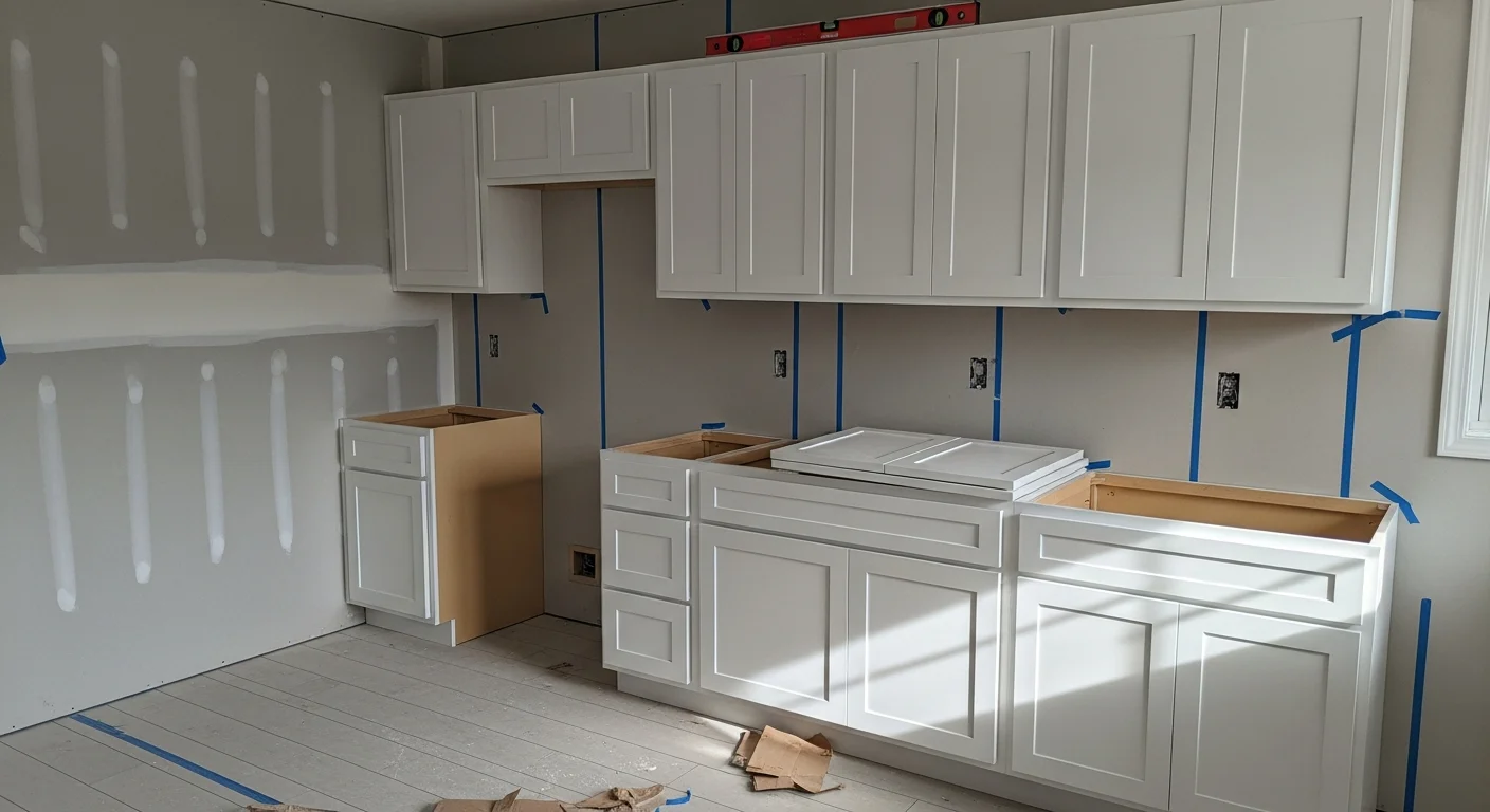 Newly installed white shaker-style kitchen cabinets with open shelving in a Mountainbrook home remodeled by The Old Town Remodeler Inc. The cabinets run floor to ceiling along two walls with aligned doors and brushed hardware.