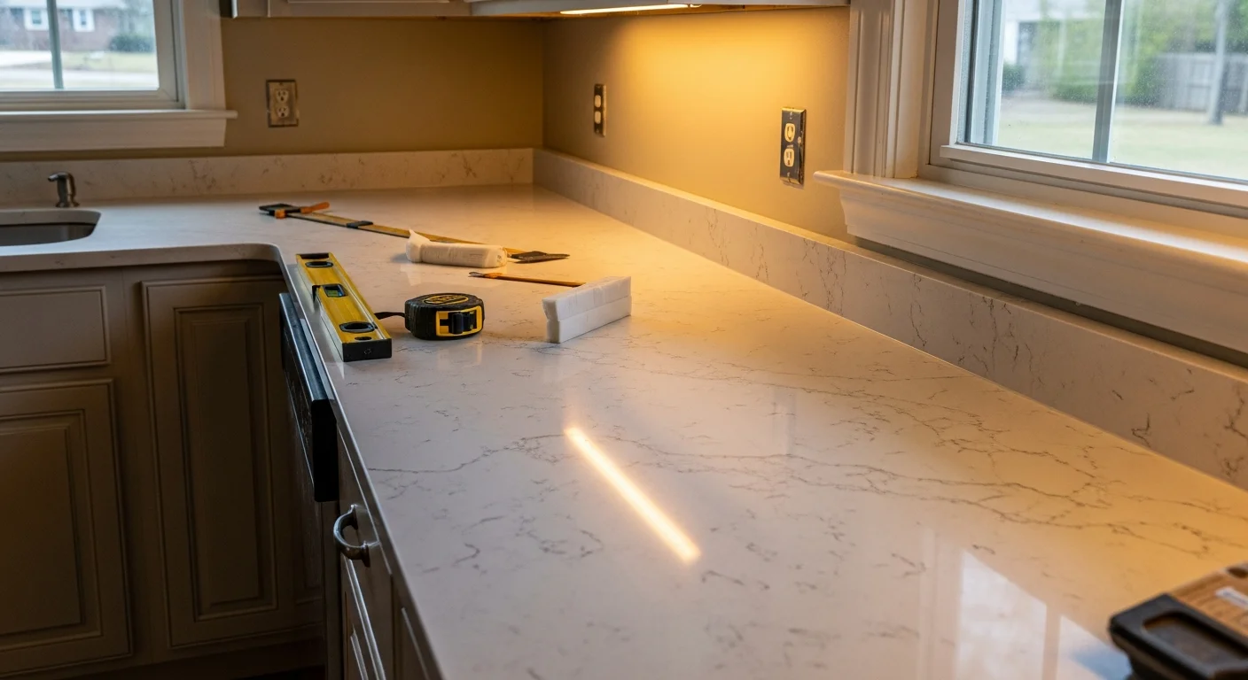 Newly installed countertops on white shaker cabinets in a Mountainbrook kitchen remodel by The Old Town Remodeler Inc., showing clean edge profiles and a finished undermount sink cutout. The space reflects the updated, functional kitchen style common in mid-century Mountainbrook homes after renovation.