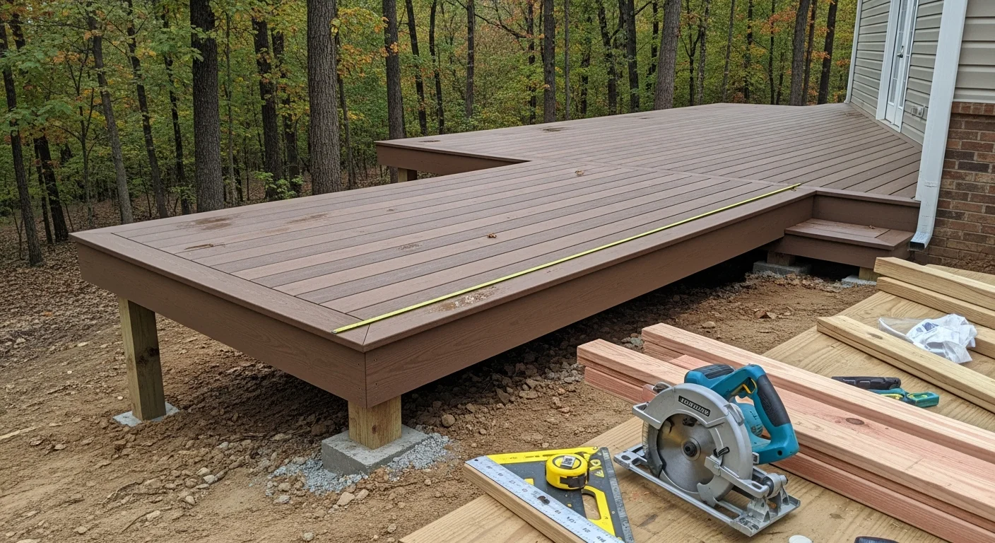 A newly built custom wood deck attached to the back of a Mountainbrook, Alabama home, surrounded by mature trees on a gently sloped lot. The deck features clean framing, open railings, and a stair section leading down to the yard.