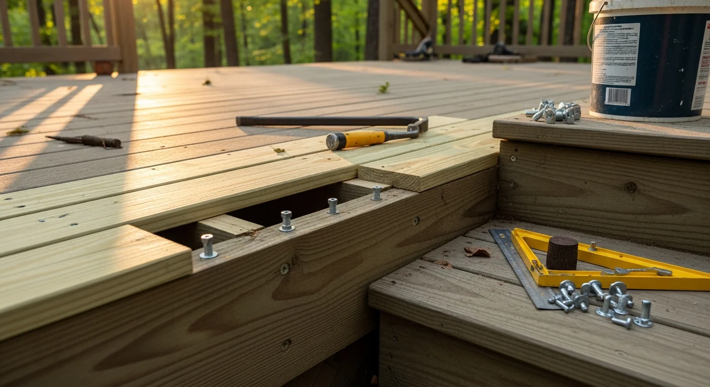 A repaired residential deck on a wooded Mountainbrook property showing replaced boards, secured railings, and restored post connections. Close detail of tight board joints and corrosion-free hardware on an Alabama home exterior.