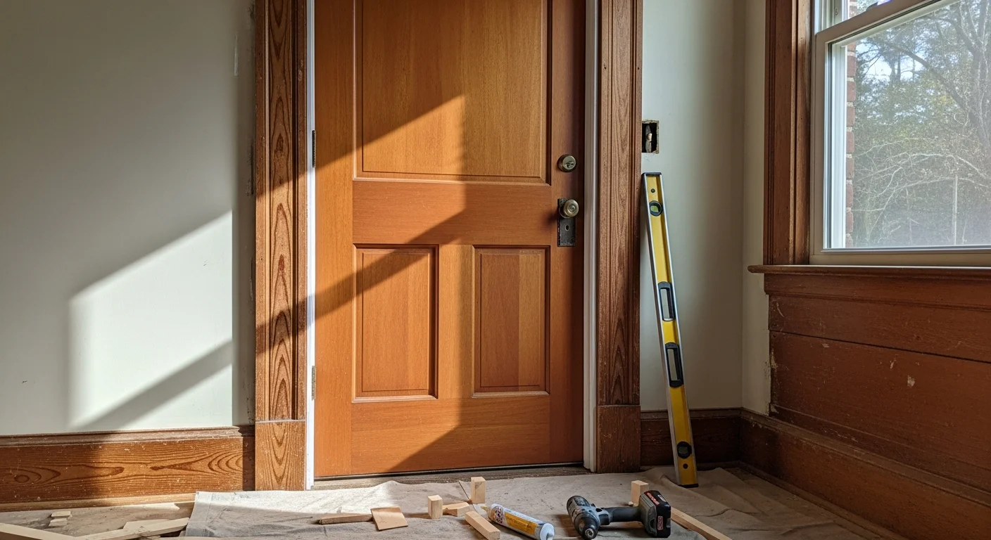 A newly installed front entry door on a traditional single-family home in Mountainbrook, Alabama, with a clean frame fit and visible weatherseal along the threshold. The door sits flush in the opening with no visible gaps between the door edge and the frame.