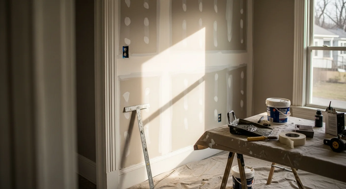 A freshly installed and finished drywall wall inside a renovated room of a Mountainbrook, Alabama home, showing smooth, paint-ready surfaces with clean corner bead and taped seams. The room reflects the interior remodeling work common in older Tudor-style and cottage homes throughout Mountainbrook.