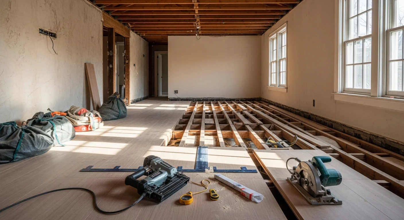 Newly installed hardwood flooring in a Mountain Brook home with an open living and dining area, showing clean plank lines and natural light from large windows. The finished floor runs continuously from the entry through the main living space in a renovated older home.