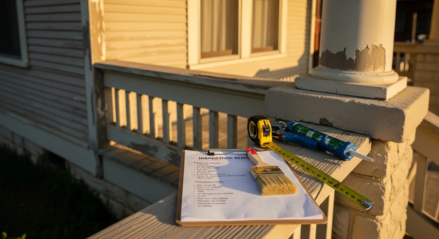 A contractor reviewing a printed home inspection report while standing inside a Mountainbrook home with visible trim and painted walls in the background. Close-up of a marked-up punchlist page next to freshly repaired and painted interior trim.
