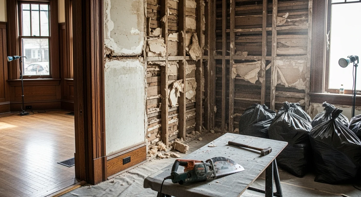 Interior of a Mountainbrook home mid-demolition, with walls stripped to the studs and original flooring removed in preparation for a full kitchen remodel. Debris is staged for removal and surrounding doorways are protected with plastic sheeting.