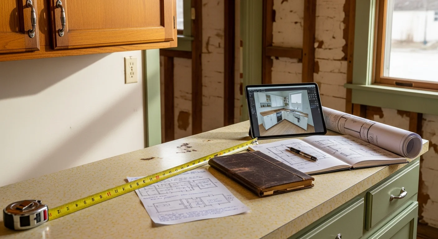 A remodeling consultant reviewing interior layout plans with a homeowner inside a mid-century single-family home in Mountainbrook, Alabama. The image shows an existing kitchen space being evaluated for a planned renovation.