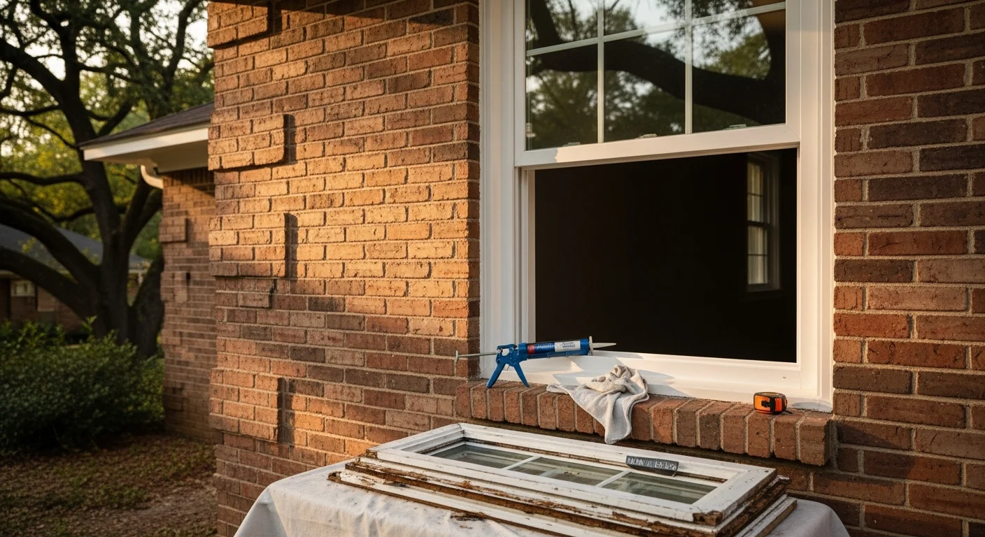 A newly installed replacement window on the exterior of a single-family home in Mountainbrook, Alabama, showing a clean frame seal and updated trim. The surrounding brick facade and mature trees reflect the established residential character of the neighborhood.
